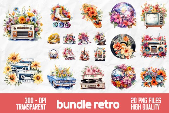 Download Retro Watercolor Flowers Bundle Design - Flower Collection