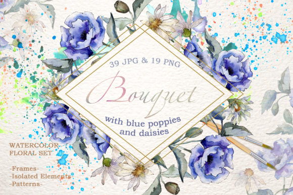 Download Bouquet with Blue Poppies and Daisies Watercolor - Daisies watercolor Collection
