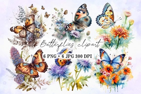 Download Butterflies on Flowers Watercolor Style - Flower Collection