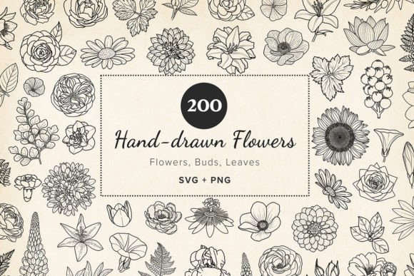 Download 200 Hand-drawn Flower &amp; Leaf SVG Clipart - Flower Collection