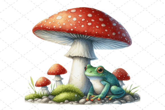 Download Watercolor Frog Under a Mushroom Clipart - Premium Resources