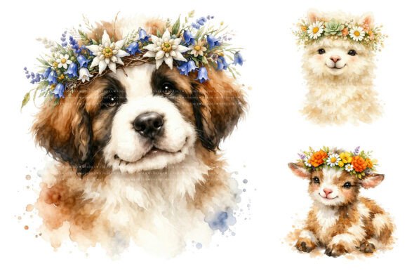 Download Watercolor Animal Flower Crown Clipart - Flower Collection