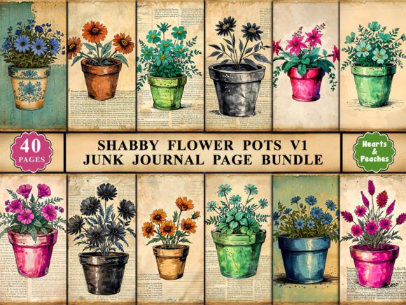 Download Shabby Flower Pots Junk Journal Pages V1 - Flower Collection