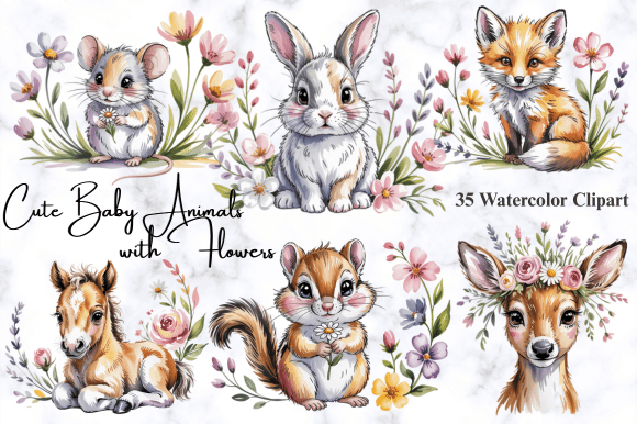 Download Cute Baby Animals with Flowers Clipart - Flower Collection