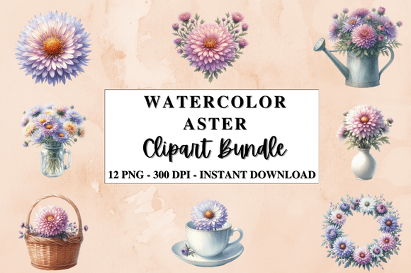 Download Watercolor Aster Flower Clipart Bundle - Flower Collection