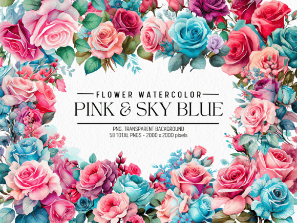 Download Pink and Sky Blue Flowers Watercolor - Blue flowers watercolor Collection