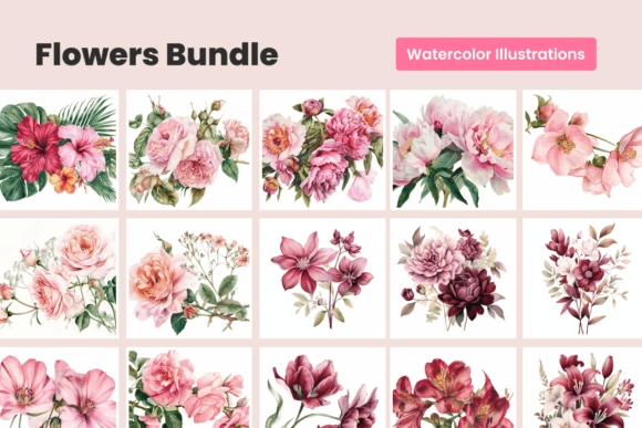 Download Watercolor Flowers Bundle | 30 Drawings - Flower Collection