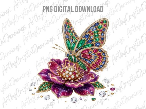 Download Ornate Jeweled Butterfly &amp; Flower PNG - Flower Collection