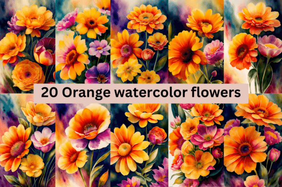Download #4 Orange Watercolor Flowers Bundle - Flower Collection