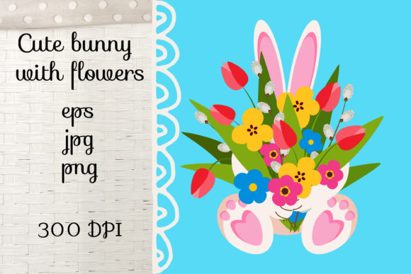 Download Cute Baby Bunny, Rabbit Holding Flowers. - Flower Collection